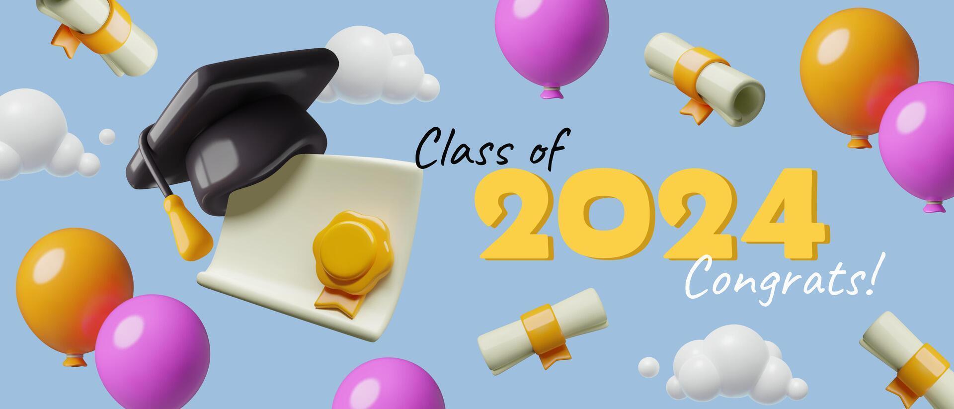 Graduation 2024 congratulation banner 3d design with balloons and diplomas flying in the air vector