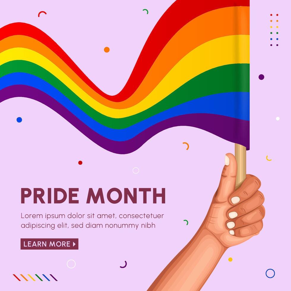 lgbt pride month festival celebration square banner design with illustration of hands holding flags and shows different gestures, human rights violatioin vector
