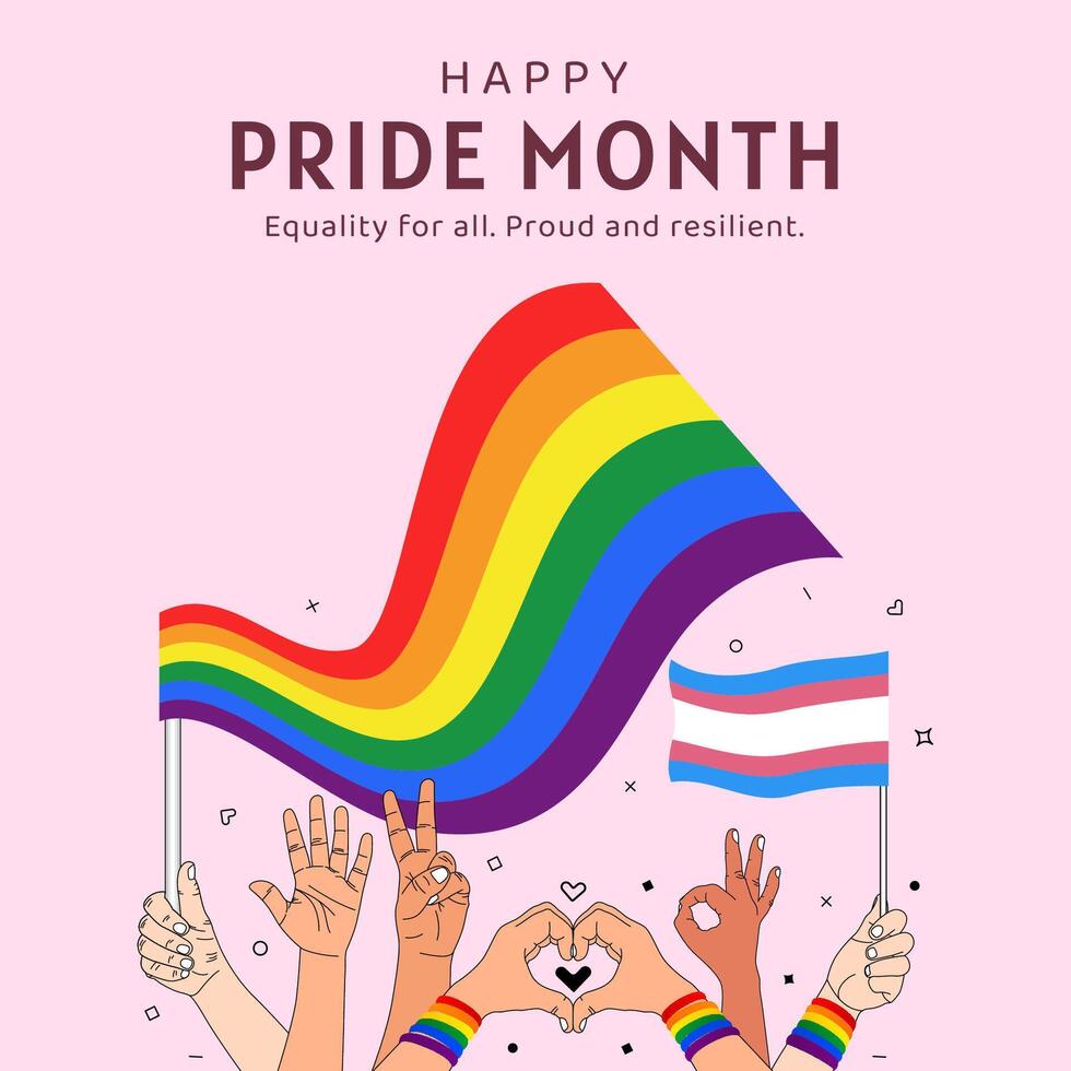 pride month celebration squre banner design with illustration of hand hold lgbt rainbow transgender pride flag, equality vector