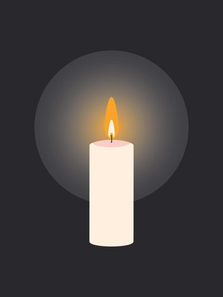 Lit wax candle with fire flame isolated on black vertical background. The concept of a minute of silence and respect for the memory of the dead. Ukraine without electricity. vector