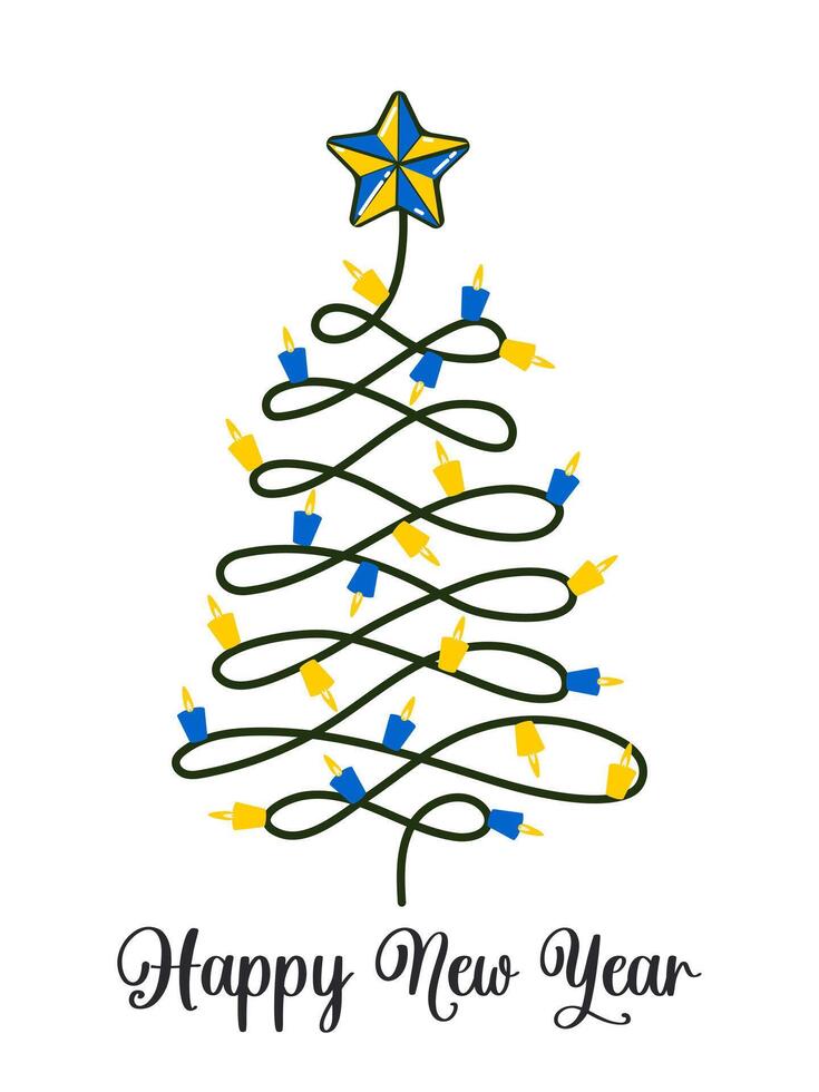 New Year's Christmas tree with lights in the form of blue and yellow candles isolated on a white vertical background. vector