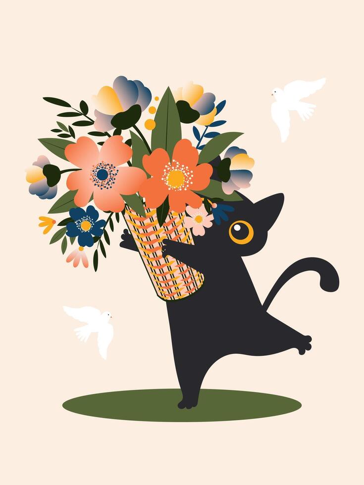 Black cute cat holds in his hands a basket with a large bouquet of spring flowers on a light pink vertical background for greeting cards. vector