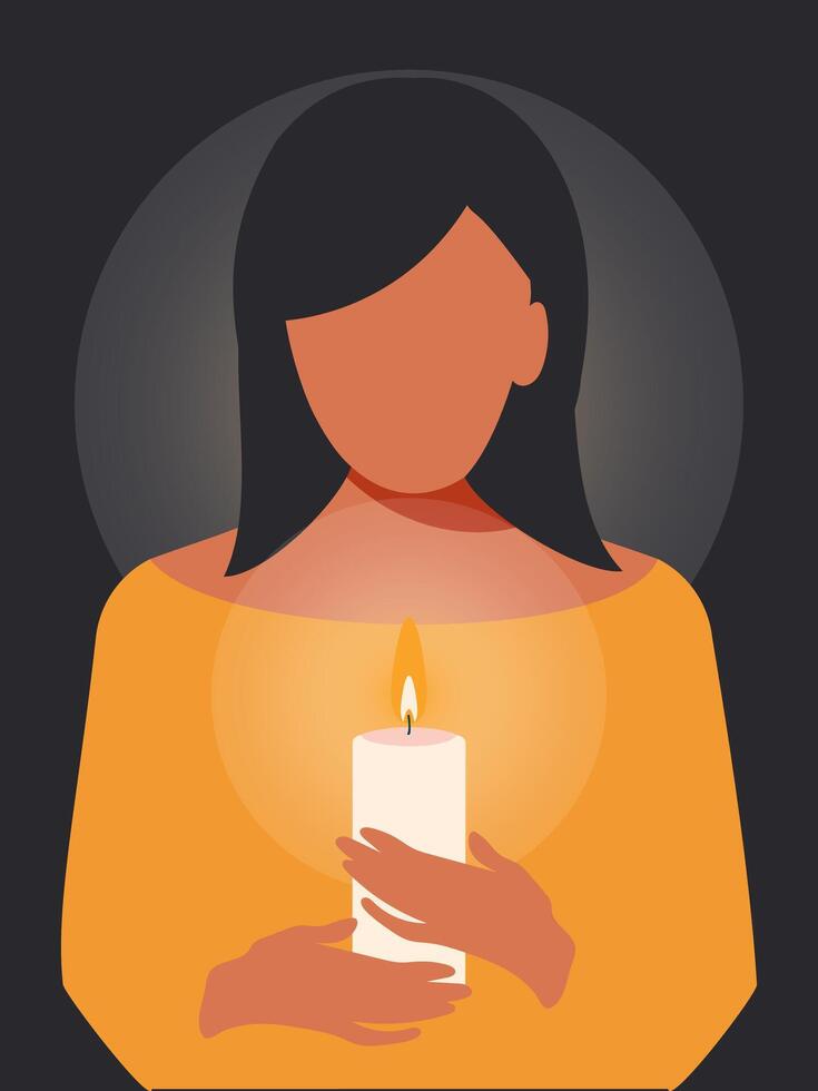A burning candle in the hands of a woman on a black vertical background illuminates and warms their home. Ukraine without electricity and heat in 2022. vector