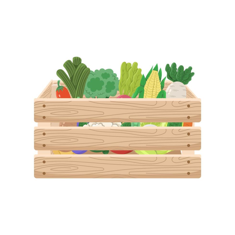 Wooden cartoon box with different vegetables on a white background. Market concept, farm concept vector