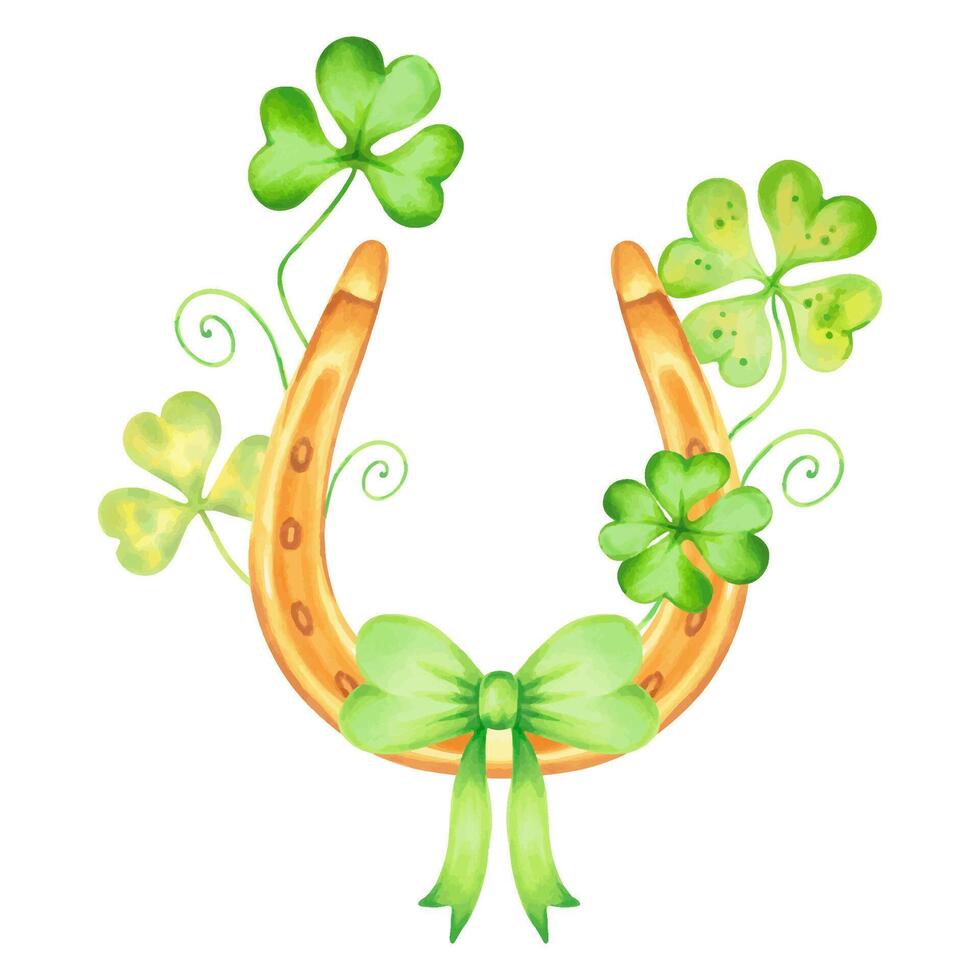 Composition with clover petals and golden horseshoe with green bow.Watercolor and marker illustration.Hand drawn Irish symbol for St. Patrick's Day.Isolated sketch element of luck, wealth or success vector