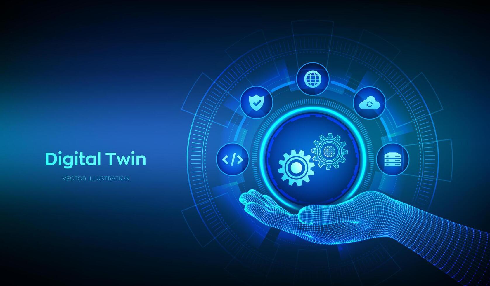 Digital twin business and industrial process modelling technology concept on virtual screen. Innovation and optimisation. Digital twin icon in wireframe hand. illustration. vector