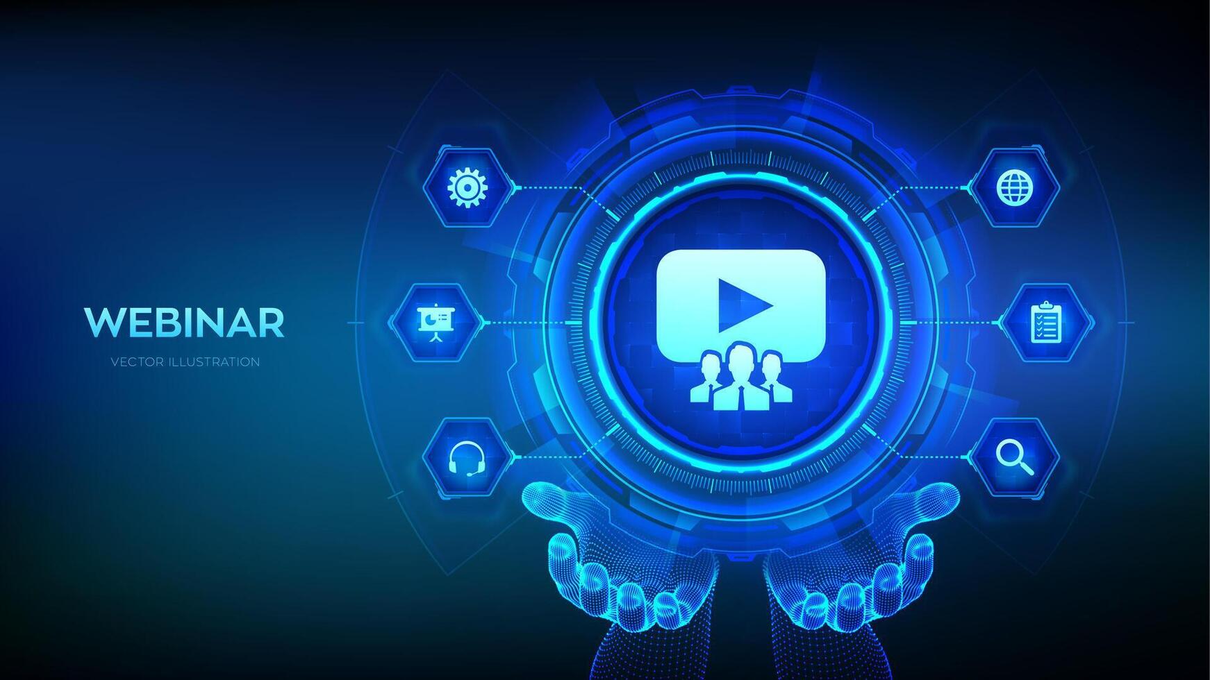 Webinar icon in wireframe hands. Internet conference. Web based seminar. Distance Learning. E-learning Training business technology Concept on virtual screen. illustration. vector