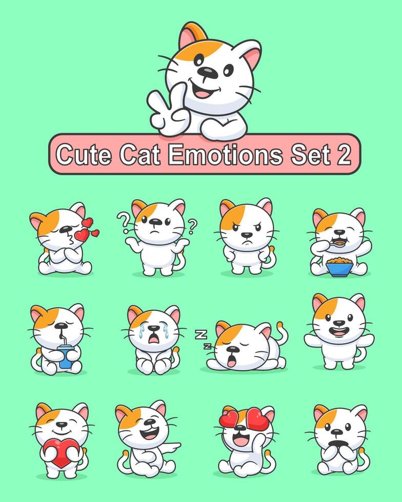 Set of cute cat cartoon character in various poses stickers vector