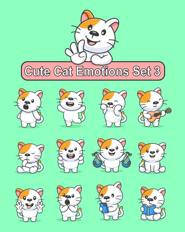 Set of cute cat cartoon character in various poses stickers vector
