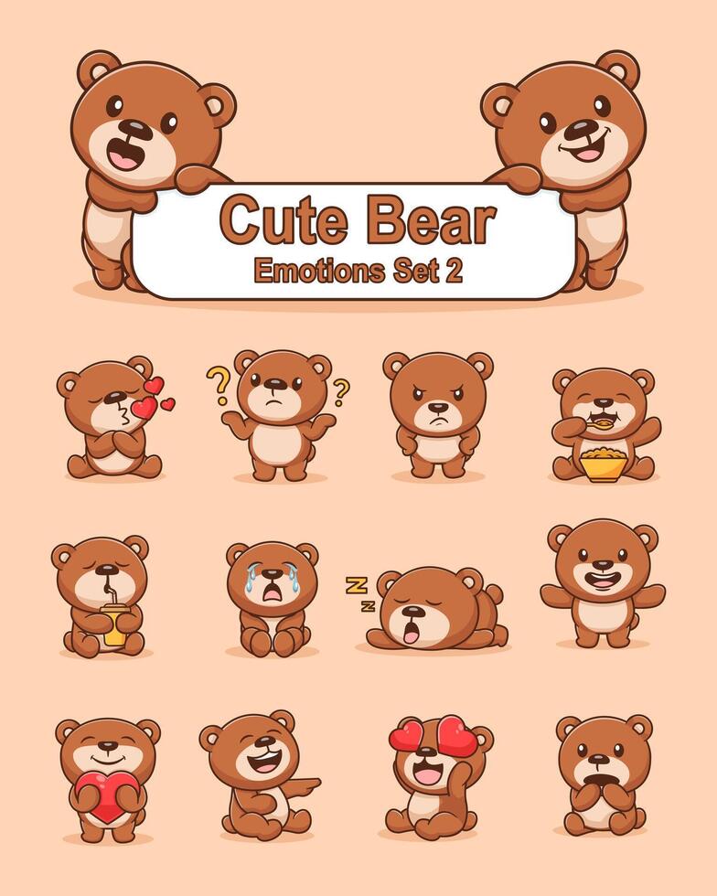 Set of cute bear cartoon character in various poses stickers vector