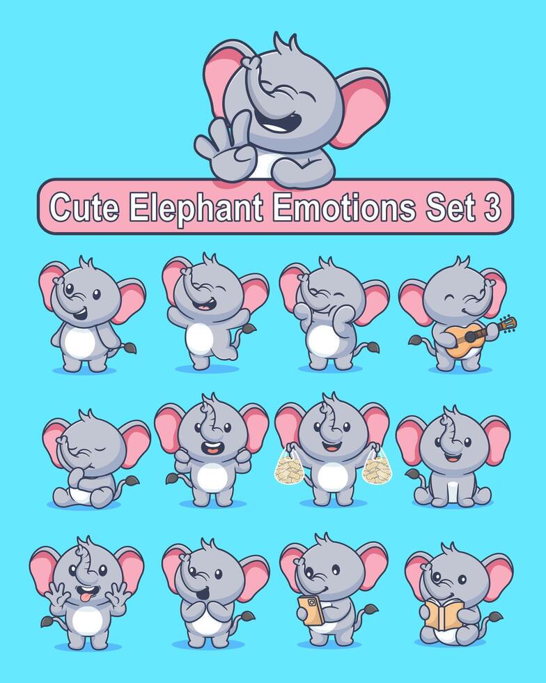 Set of cute elephant cartoon character in various poses stickers vector