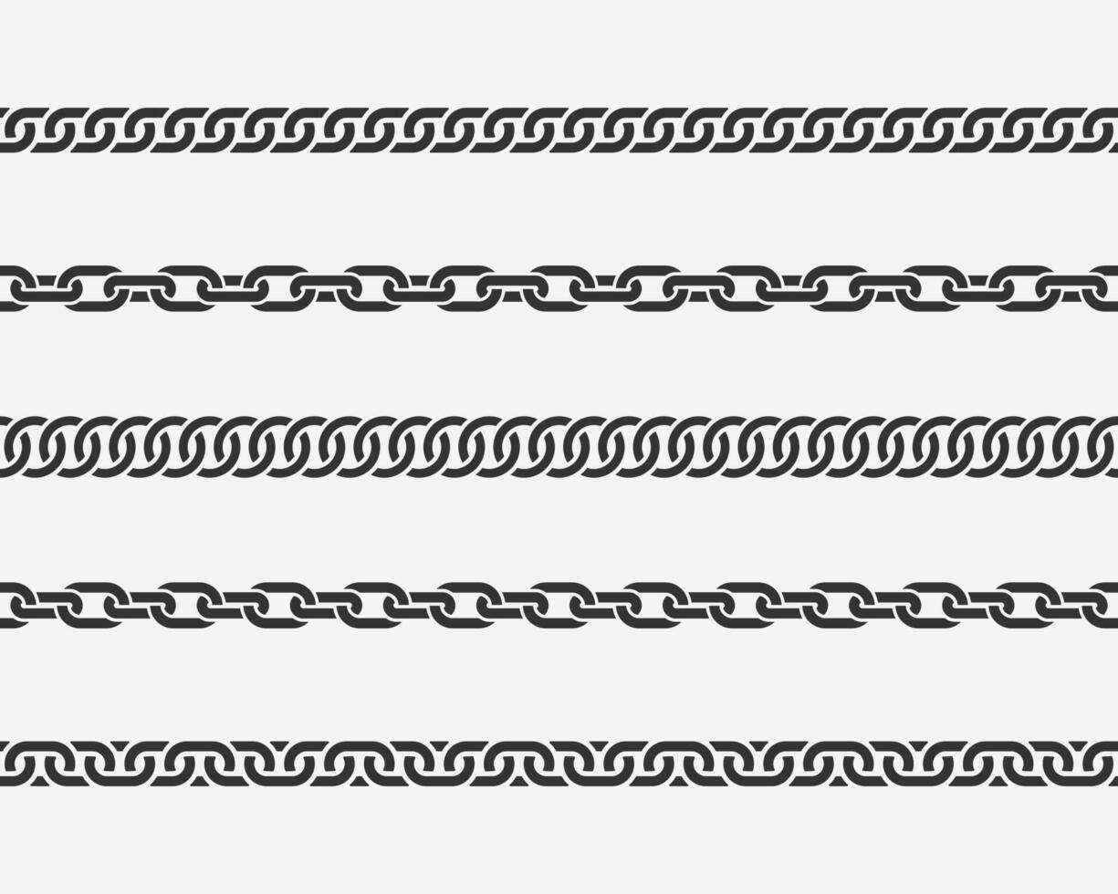 Set seamless chain link. Different chains silhouette black and white isolated on background. Chainlet line design elements. vector