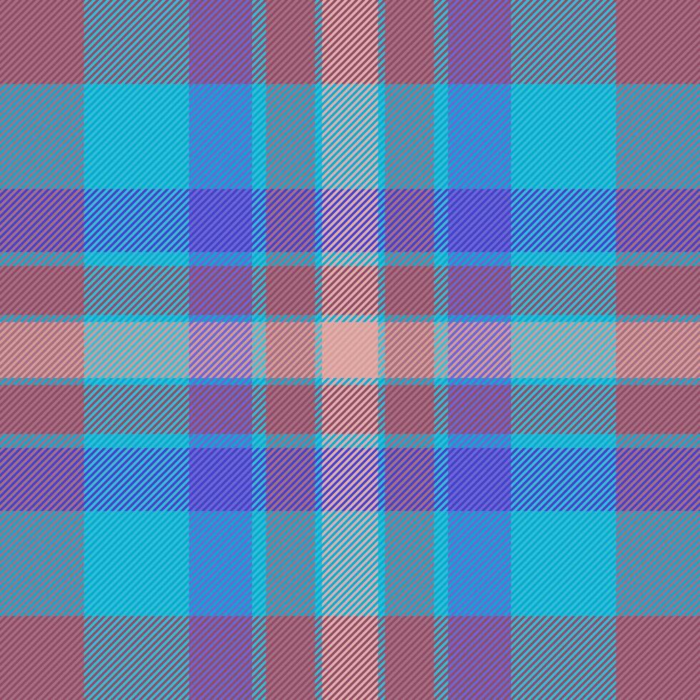 Christmas card textile pattern seamless, magenta tartan texture background. Gift card fabric check plaid in pink and cyan colors. vector