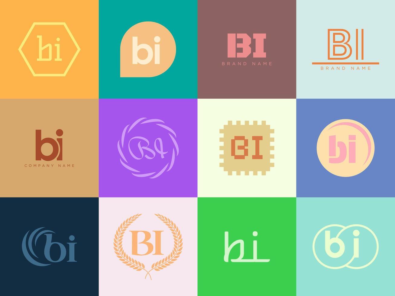 BI logo company template. Letter b and i logotype. Set different classic serif lettering and modern bold text with design elements. Initial font typography. vector