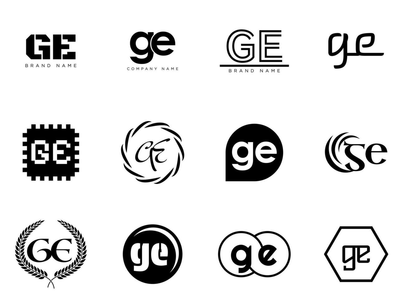 GE logo company template. Letter g and e logotype. Set different classic serif lettering and modern bold text with design elements. Initial font typography. vector
