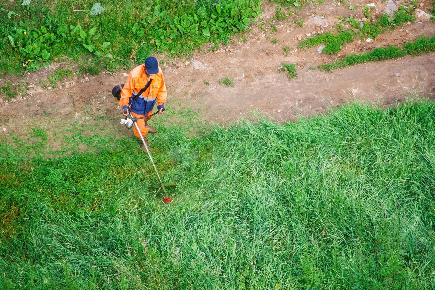 A man mows the tall grass with a trimmer photo