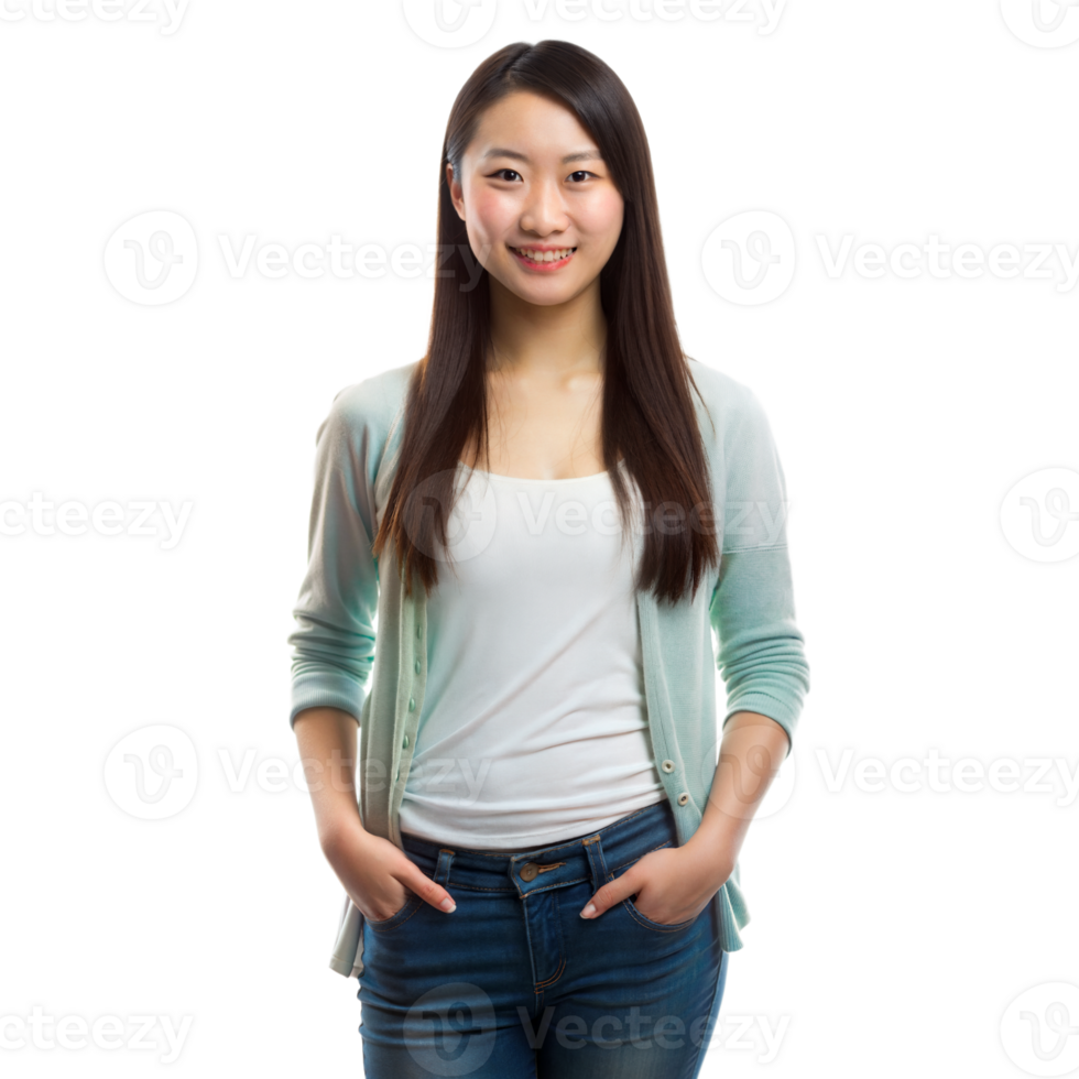 Young woman with long hair in casual clothing standing confidently with hands in pockets and smiling png