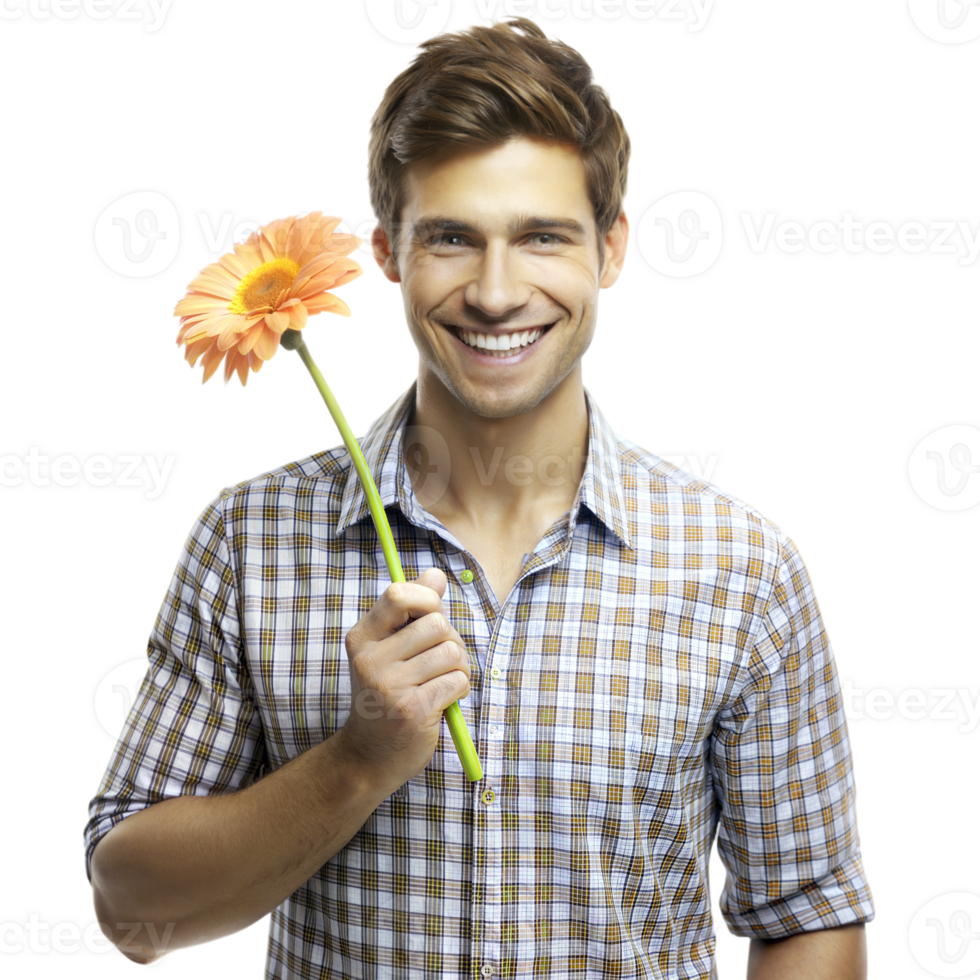 A smiling man in a checkered shirt holds an orange gerbera flower png