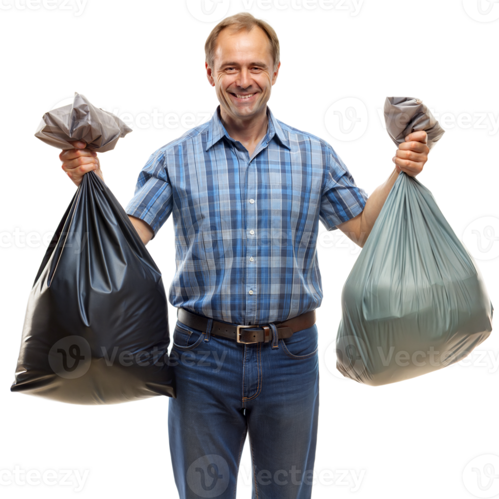 Smiling man holds two garbage bags, one in each hand png