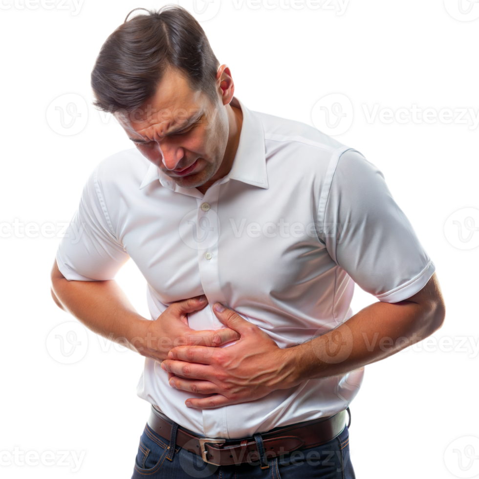 A man wearing a white shirt and jeans clutches his stomach, appearing to be in significant pain png