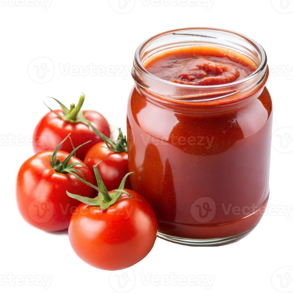 A glass jar of rich tomato sauce placed next to fresh vine tomatoes, presented on a checkerboard transparent background png