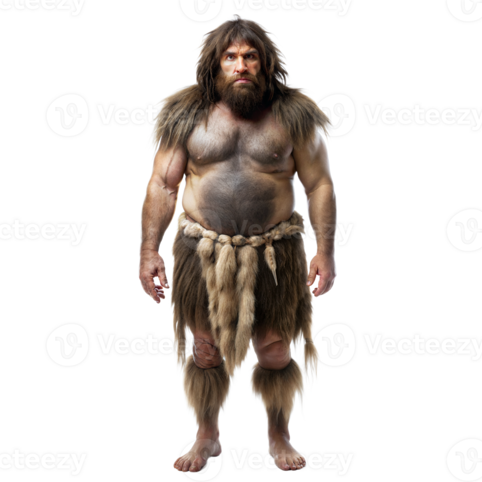 A caveman dressed in fur clothing stands barefoot with a stern expression, isolated on a transparent background png