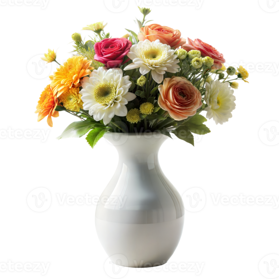 A white vase filled with a vibrant mix of flowers including roses, daisies, and chrysanthemums on a transparent background png