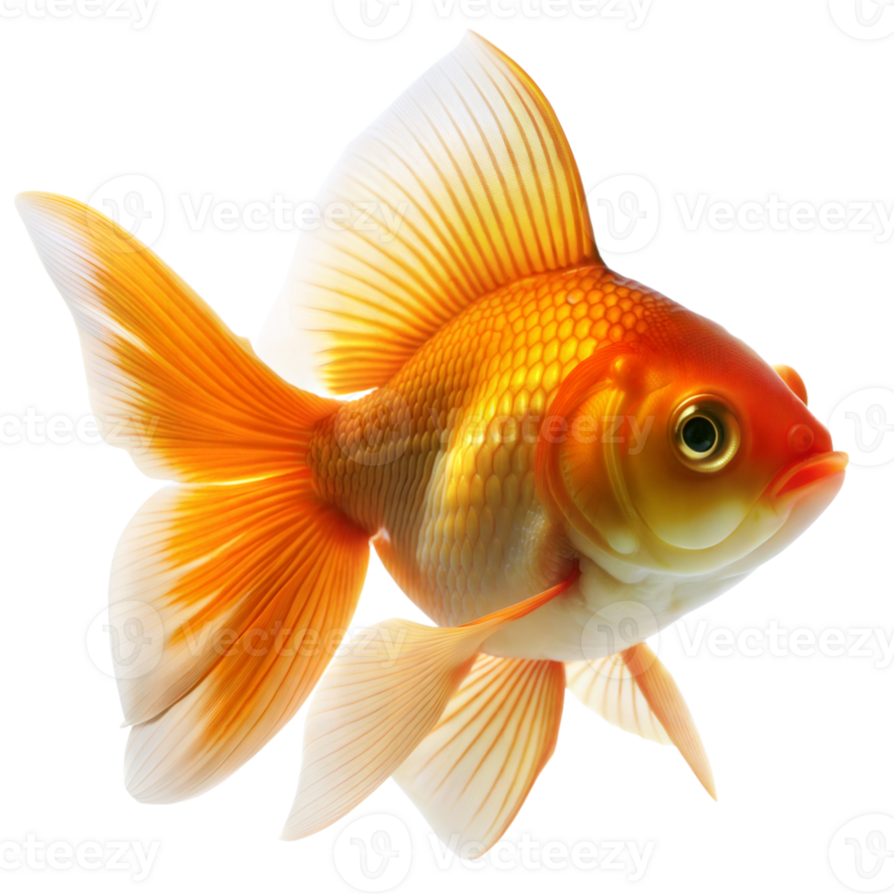 The bright goldfish with flowing fins gracefully swims against a transparent background png