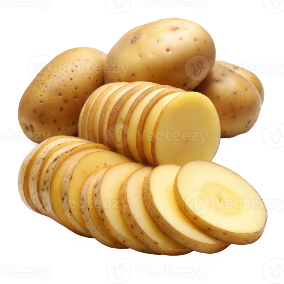 Thin potato slices and whole potatoes displayed clearly with high-resolution quality png