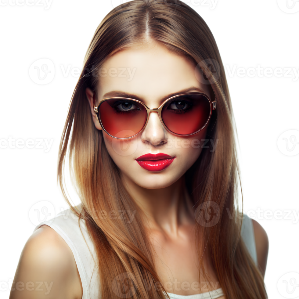 A woman with long brown hair and red lipstick is wearing sunglasses png