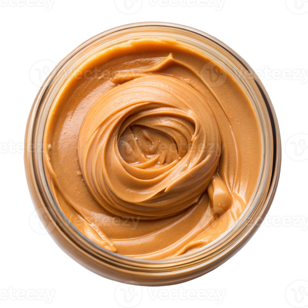 Close-up view of creamy peanut butter swirled inside a glass jar against a transparent background png