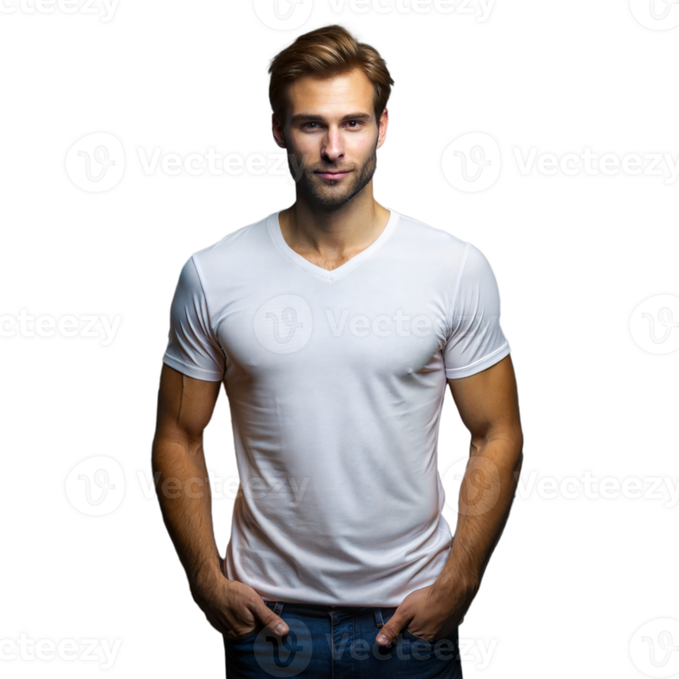 A confident young man in a white t-shirt stands with hands in pockets against a transparent studio background png