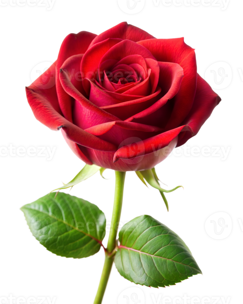 A detailed red rose with lush green leaves stands against a transparent background png