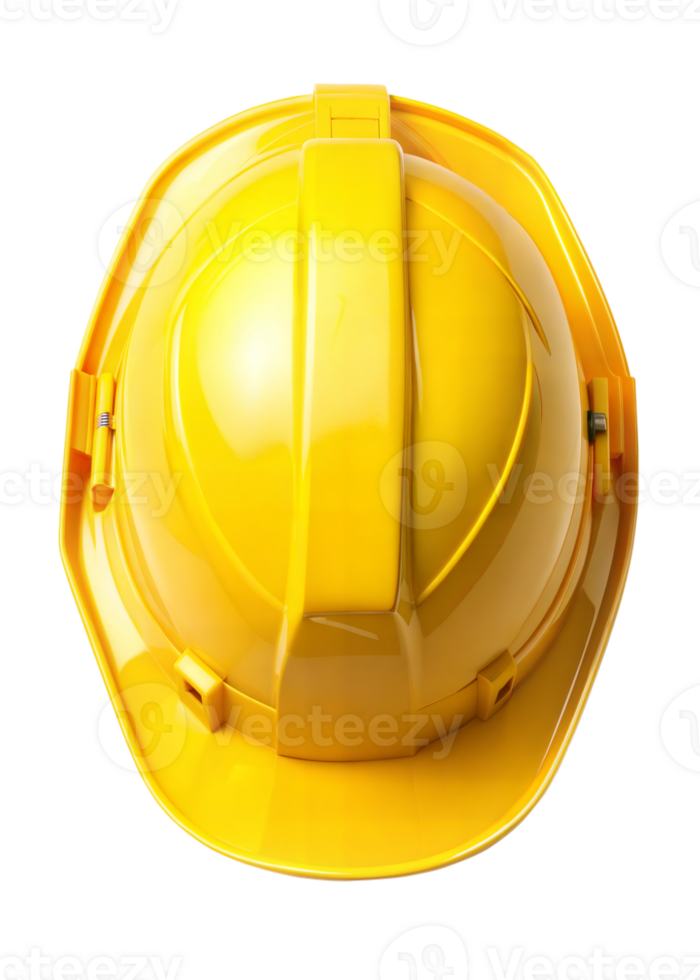 A high-quality image of a bright yellow safety helmet used in construction, displayed on a transparent background png