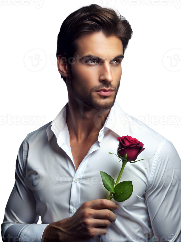 A man in a white shirt holds a red rose png