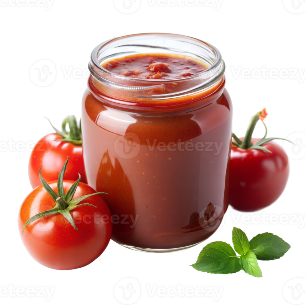 A glass jar filled with red tomato sauce, placed next to fresh tomatoes and basil leaves on a transparent background png