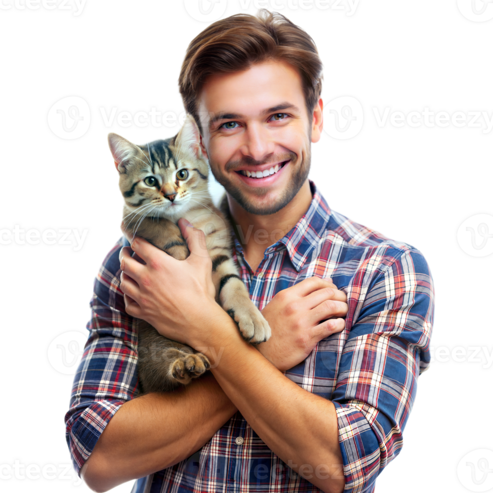 A man in a plaid shirt holds a cat and smiles, standing against a transparent background png