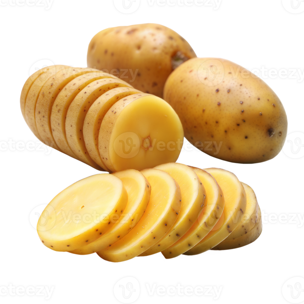 Whole and sliced potatoes arranged neatly png