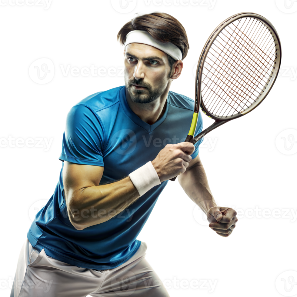 A determined tennis player in a blue shirt prepares to return a shot, with a focused expression and ready stance png