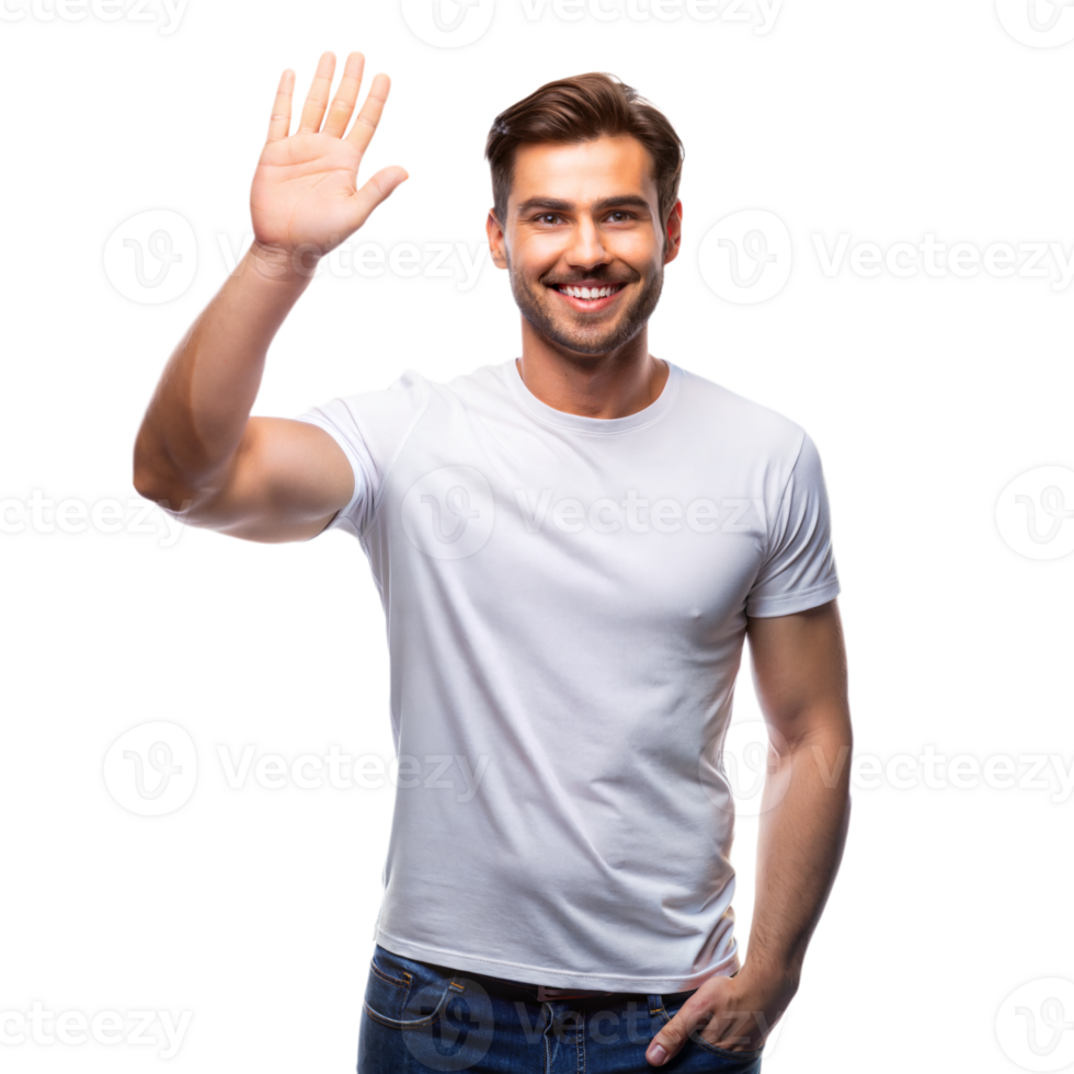 A cheerful man in a white t-shirt and jeans waves with a friendly smile png