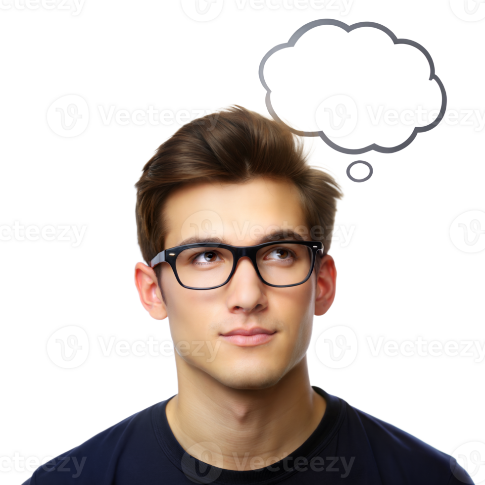 A pensive young man wearing glasses, looking up at a thought bubble, isolated on a transparent background png