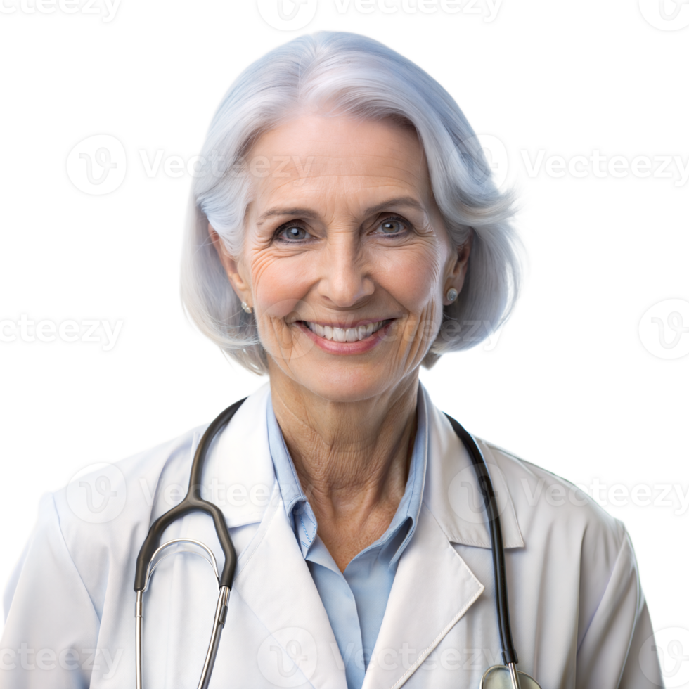 A woman with a white coat and stethoscope is smiling png