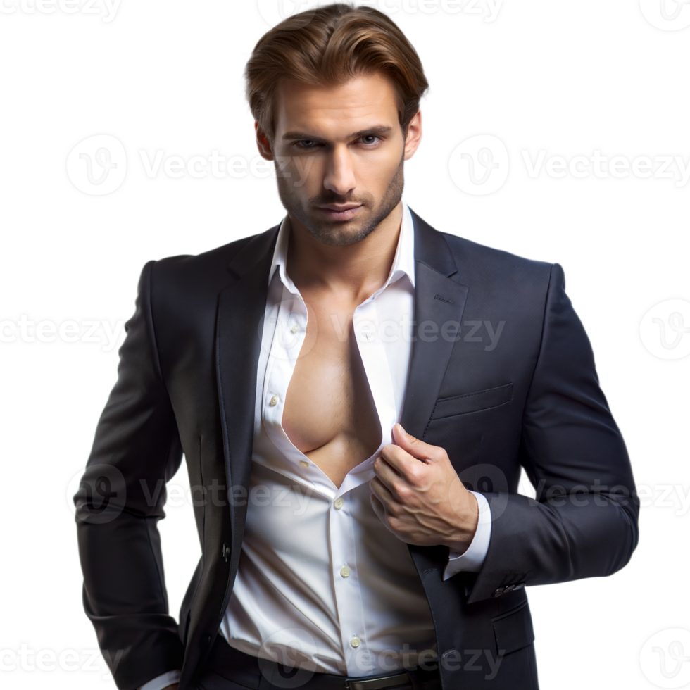 A confident man in a suit adjusts his collar while looking directly ahead against a transparent background png