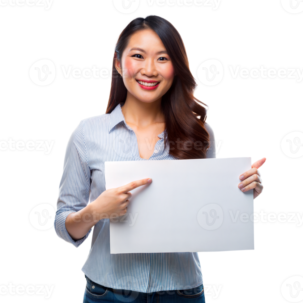 A woman is holding a white sign and pointing to it png