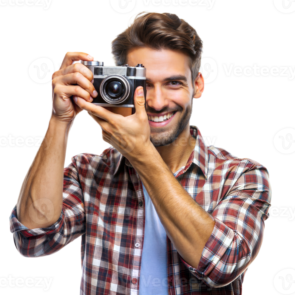 A man in a plaid shirt smiles while holding a vintage camera png