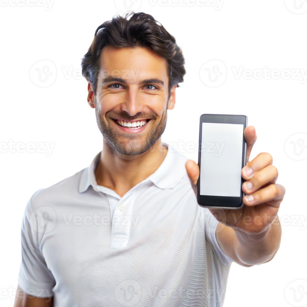 Man smiling, holding a smartphone with a blank screen png