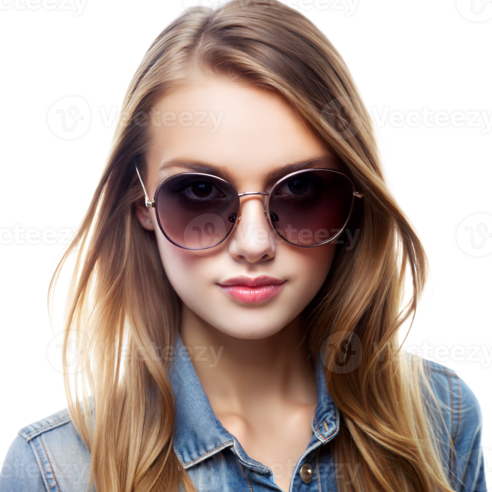 A blonde woman wearing sunglasses and a blue shirt png
