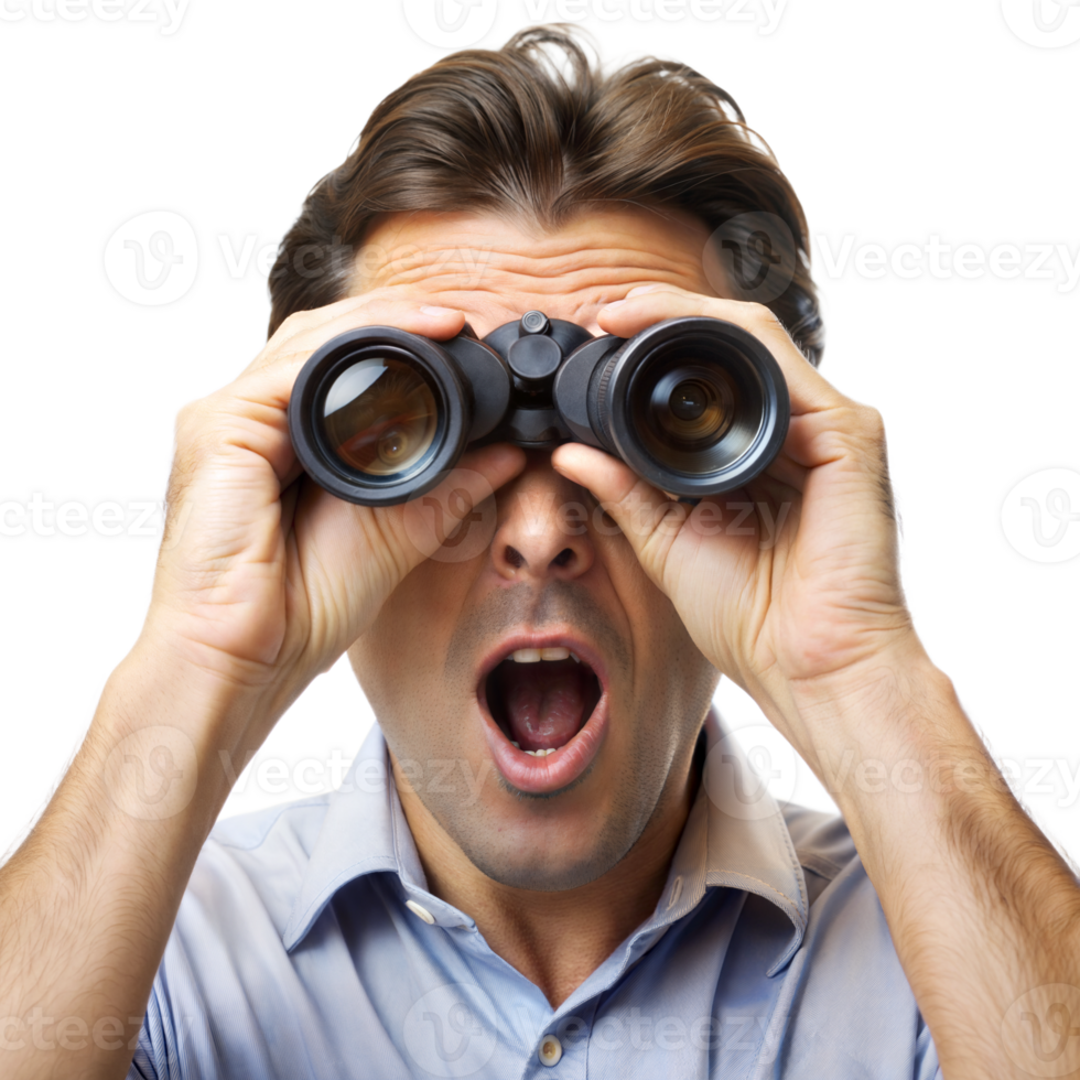 A man in a light blue shirt, with a surprised expression, uses binoculars indoors png