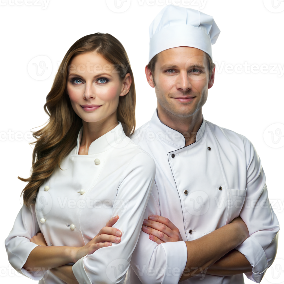 Two chefs in white uniforms pose confidently with arms folded png