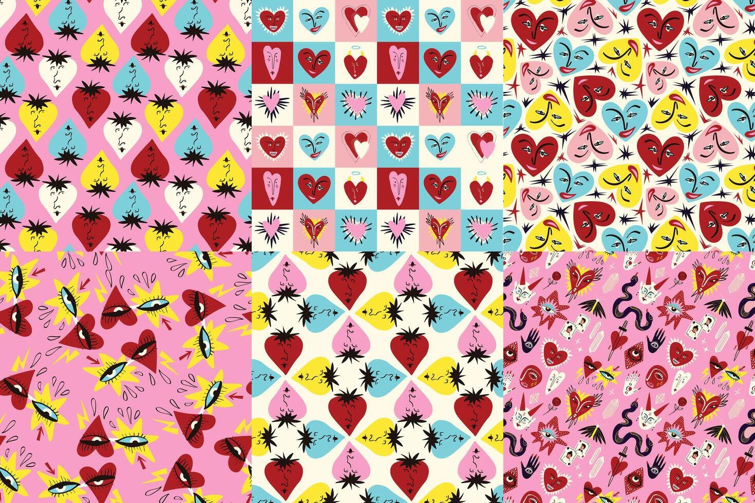 Valentine's Collection of Bright and Cool Seamless Patterns. Pattern with Cool Quirky Playful Bright Hearts and characters vector